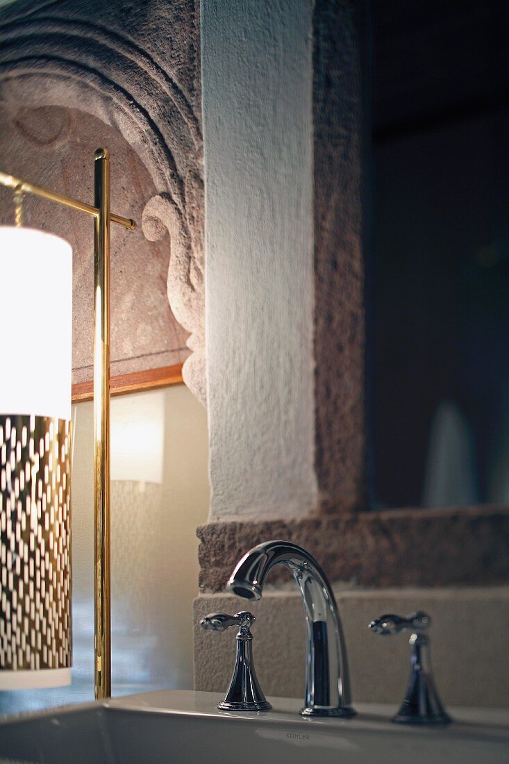 Detail of sink tap fittings in bathroom in Raas Haveli Hotel, Jodhpur, India