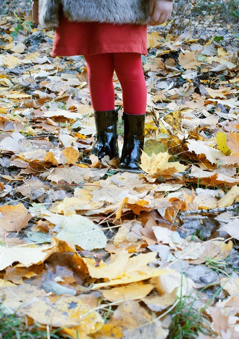 Mädchen, mit Pelzjacke und Stiefeln bekleidet, steht in Herbstblättern