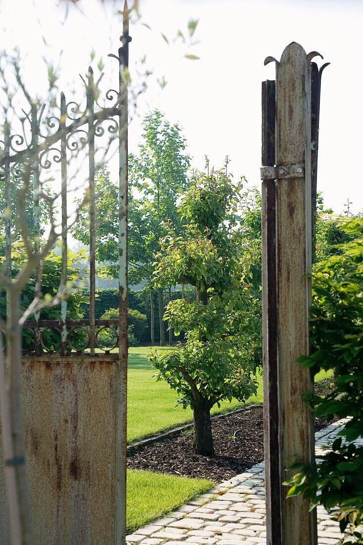 Blick durch rostiges Tor in gepflegten Garten mit gepflastertem Gartenweg