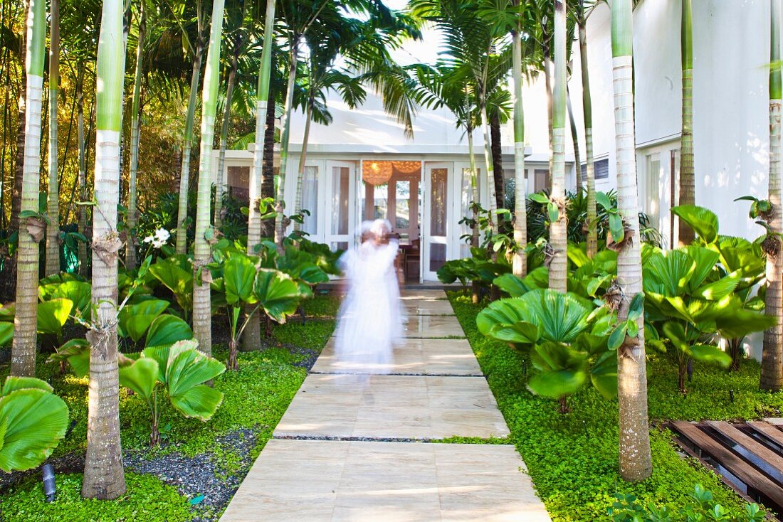 Wide flagged path in tropical garden of Caribbean hotel