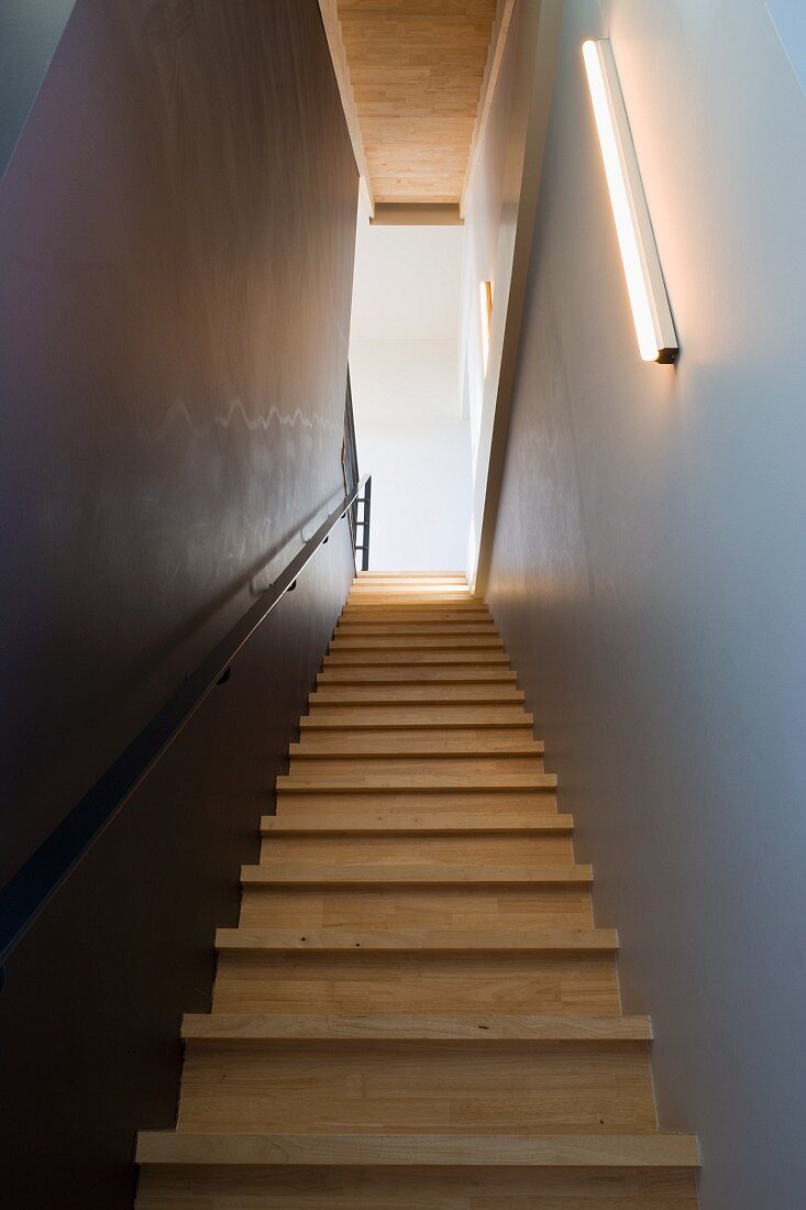Schmaler Treppenaufgang aus Gummibaumholz mit Beleuchtung durch schlichte Linestra