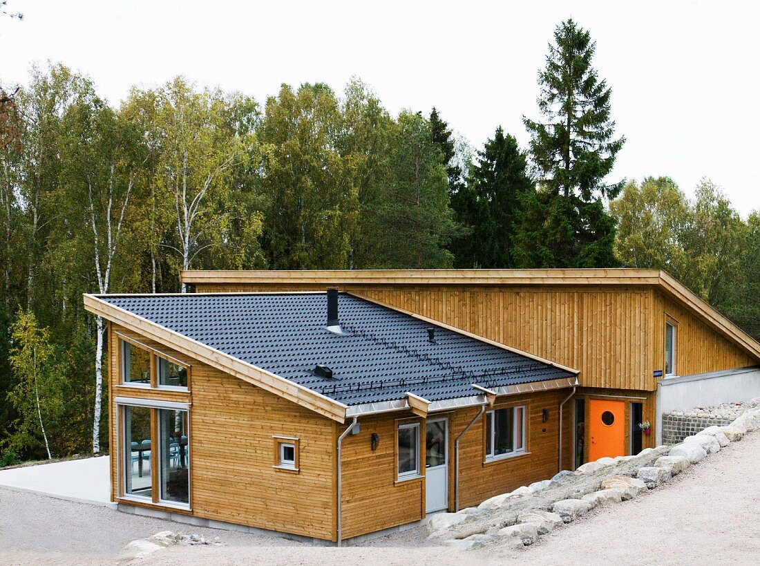 Modern wooden house on edge of woodland