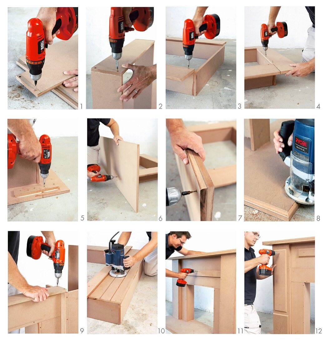 Step-by-step DIY - man building wooden mantlepiece