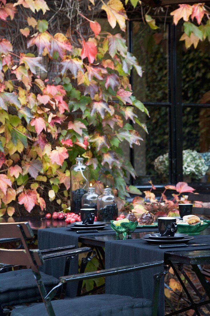 Gedeckter Tisch im Freien vor bewachsener Hauswand mit herbstlichem Weinlaub