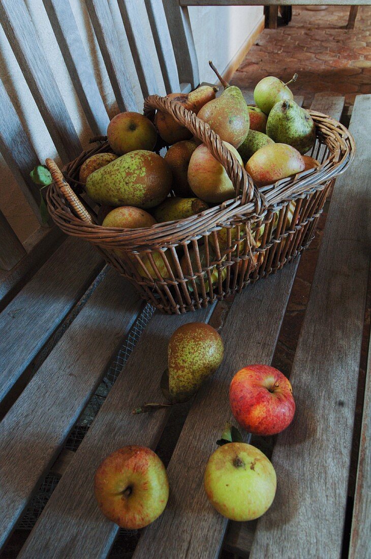 Äpfel und Birnen in Weidenkorb und auf einer Holzbank
