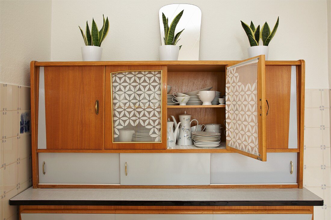 Zimmerpflanzen im Topf auf 50er Jahre Küchenbuffet mit offener Tür und Blick auf weisses Geschirr