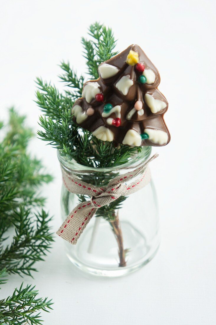 Tannenbaum aus Schokolade auf Stöckchen und Koniferenzweig im Glas