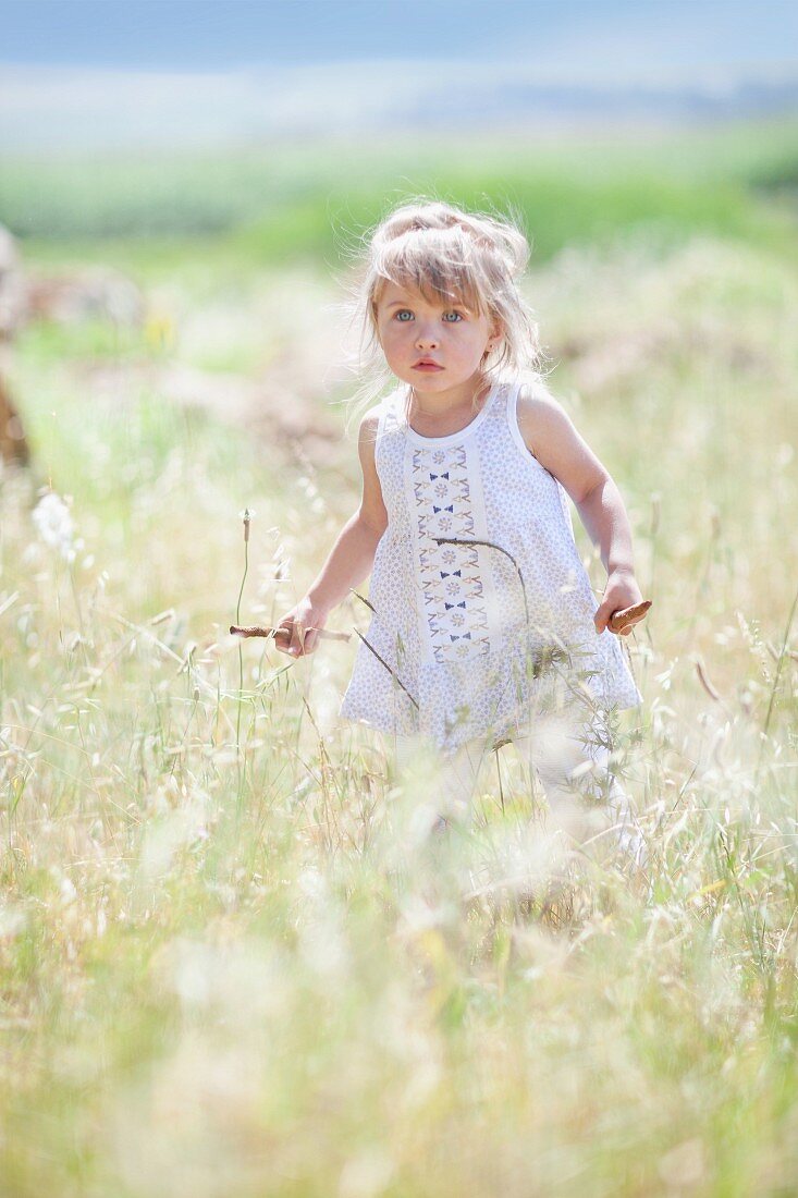 Blonde little girl walking through tall grass
