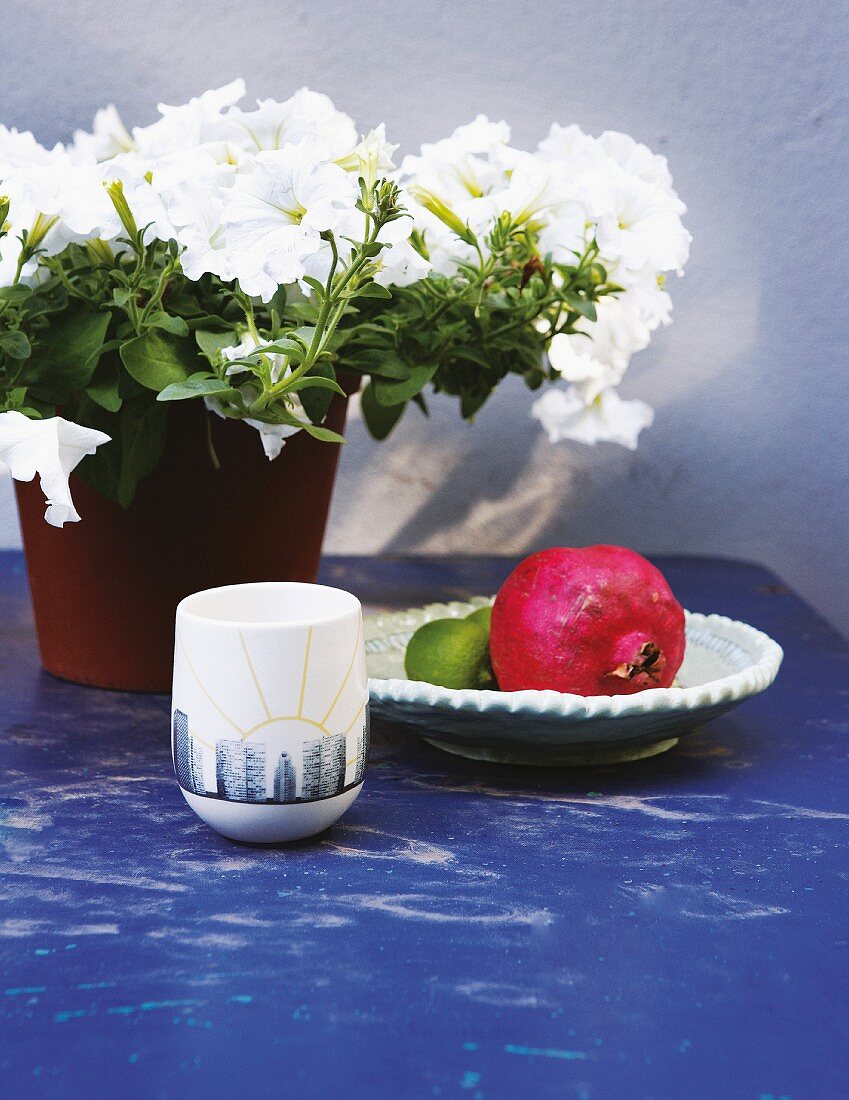 Pot of white petunias and pomegranate on blue garden table