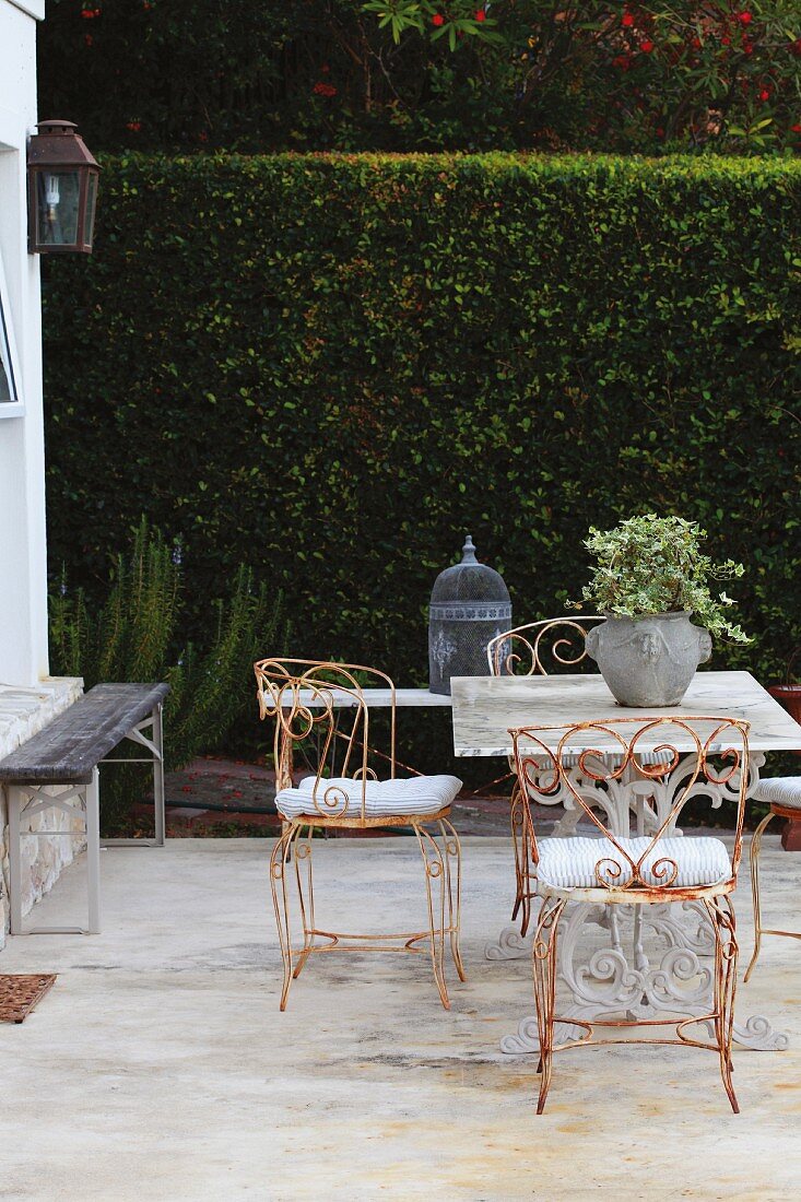 Rostende, filigrane Metallstühle um Tisch mit Marmorplatte auf Terrasse vor hoher Heckenwand