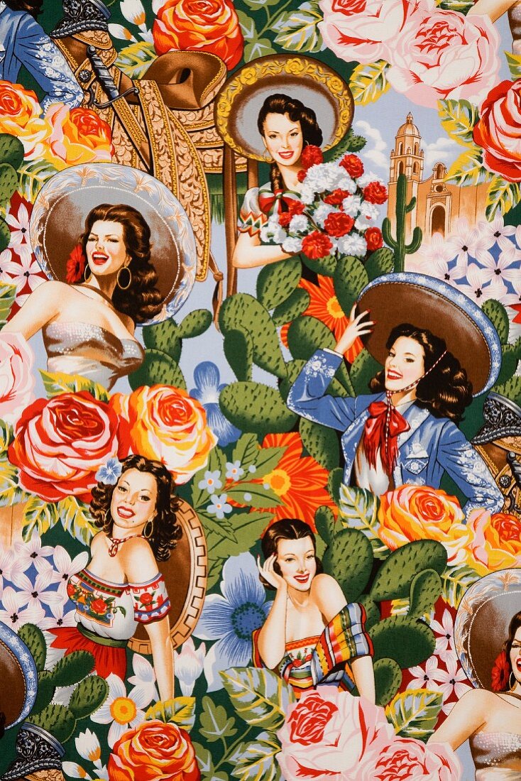 Cheerful wallpaper patterned with Mexican motifs, flowers and pretty women wearing sombreros