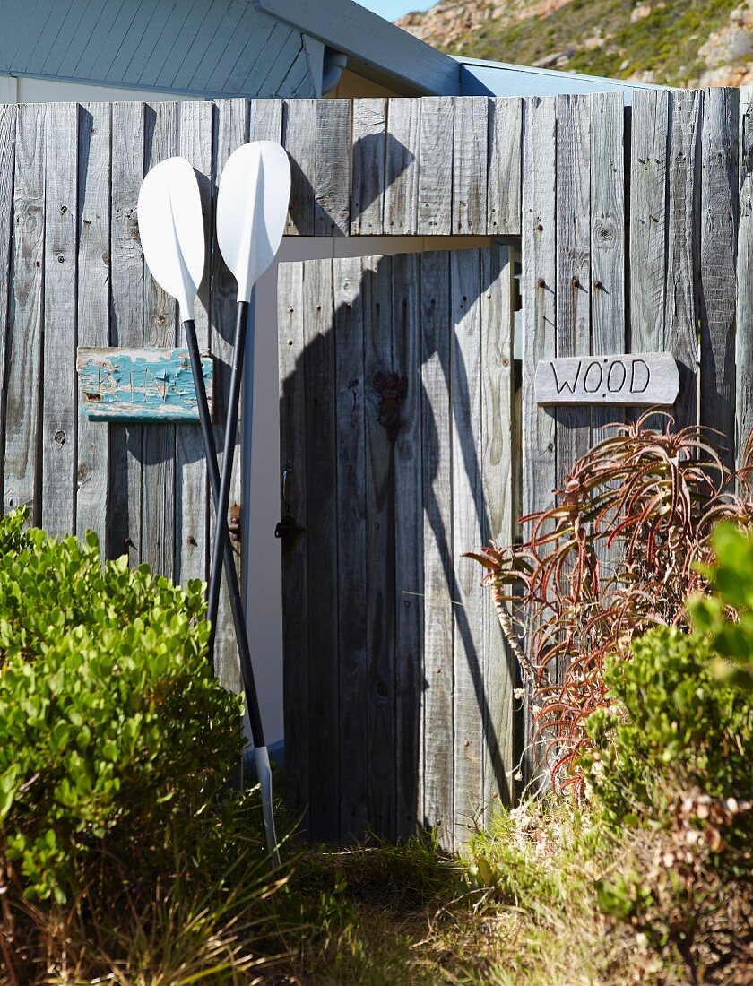 Paddles leaning against weathered garden fence with open garden gate