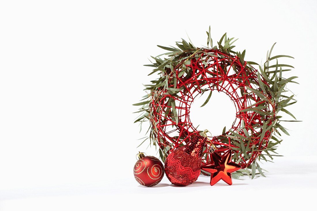 Wreath of eucalyptus and Christmas decorations