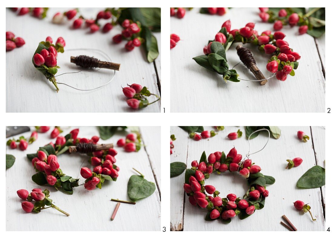A wreath being made with St John's wort berries