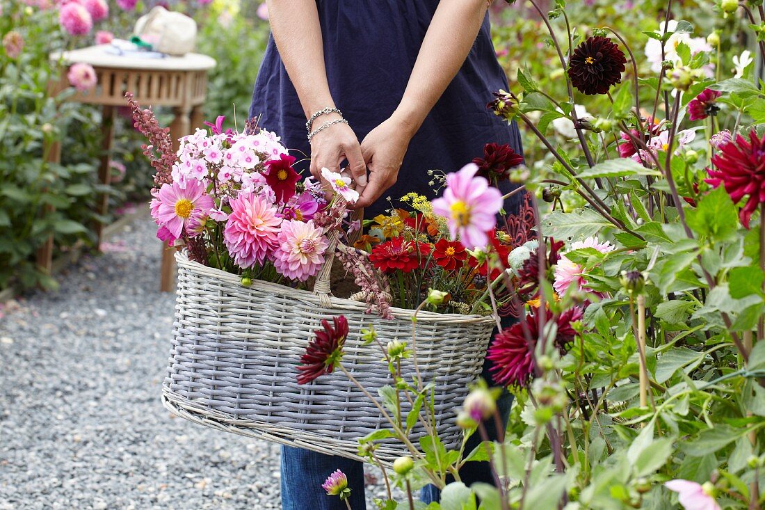 Frau hält Korb mit Sommerblumen im Garten