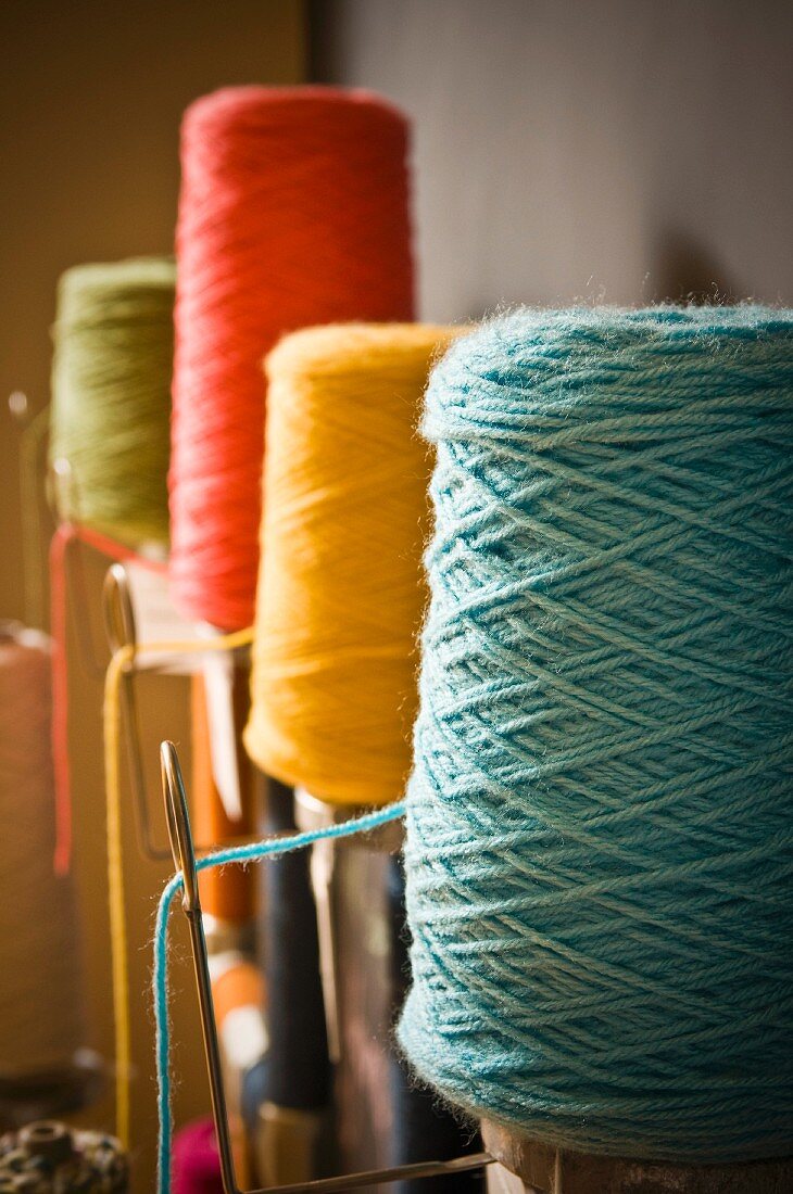 Bobbins of colourful yarn