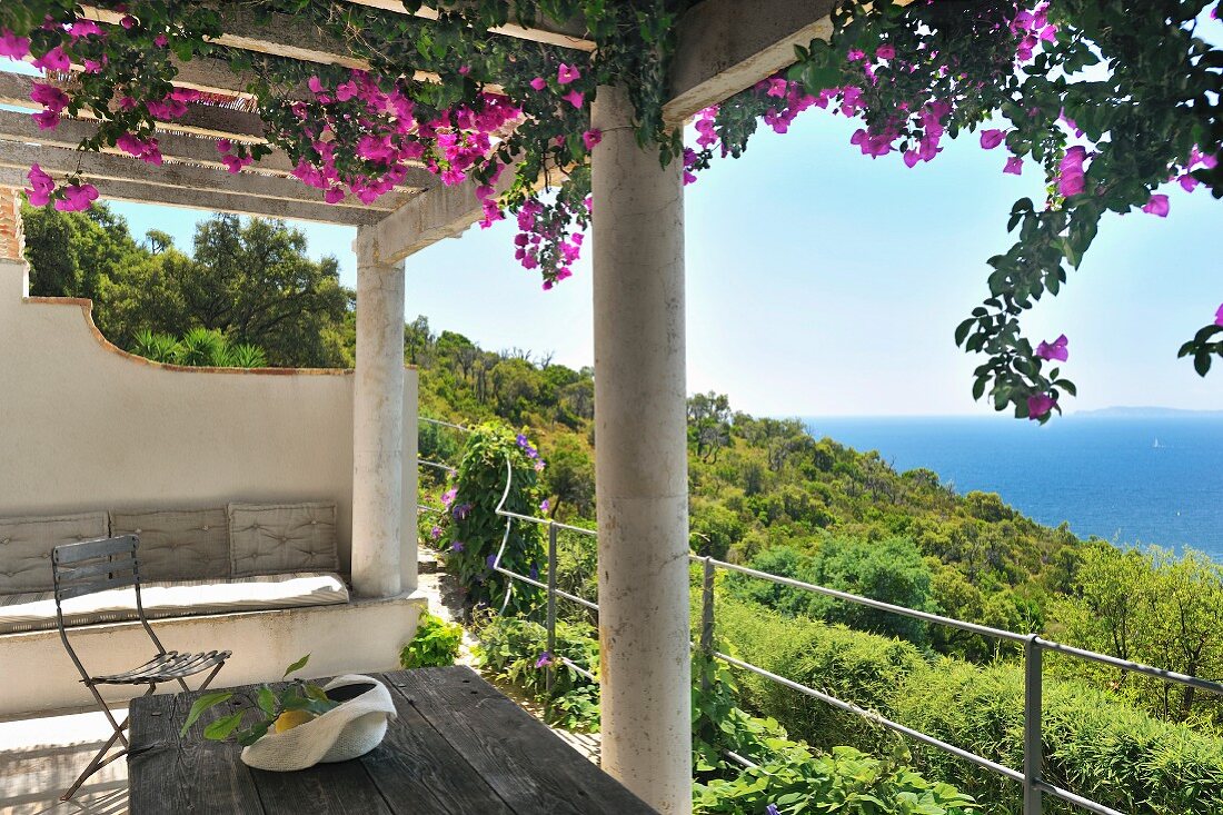 Flowering climber on pergola of Mediterranean terrace with wonderful view of green wooded landscape and the sea