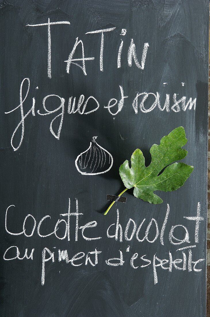 Hand-written menu and fig leaf on blackboard in kitchen
