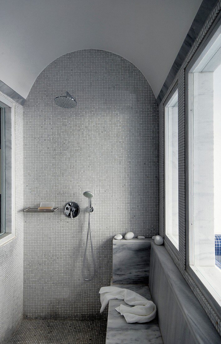 Duschbereich mit Mosaikfliesen an Wand und Boden unter Tonnendecke