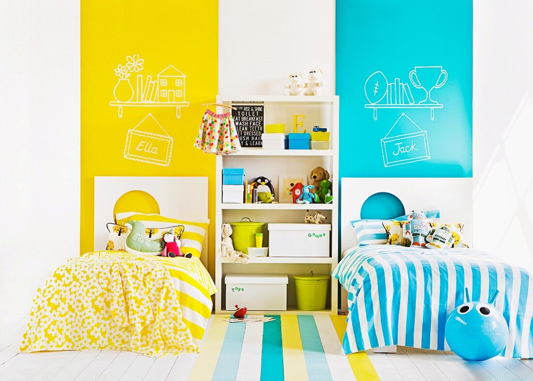 Yellow and gold children's room with two beds