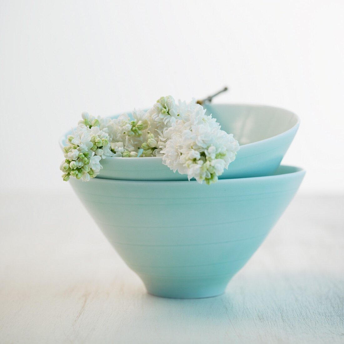 White lilac in pale blue ceramic bowls