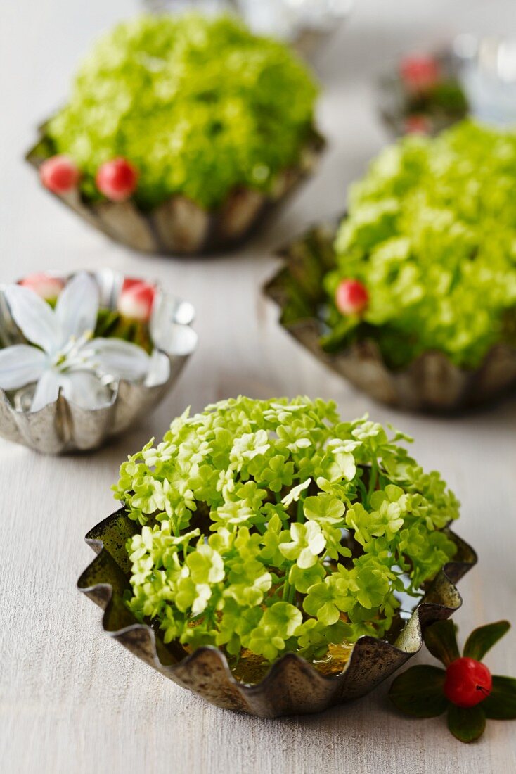 Small cake moulds used as vases for viburnum, glory-of-the-snow & St. John's wort berries