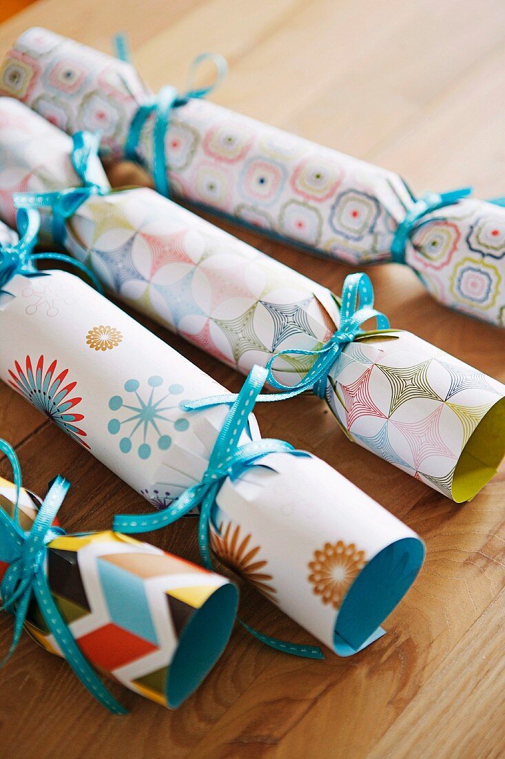 Christmas presents wrapped as crackers