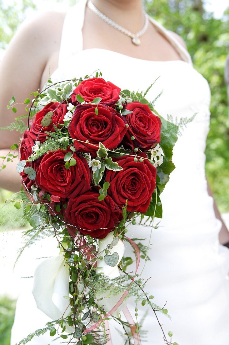 Bride holding bridal bouquet of red roses