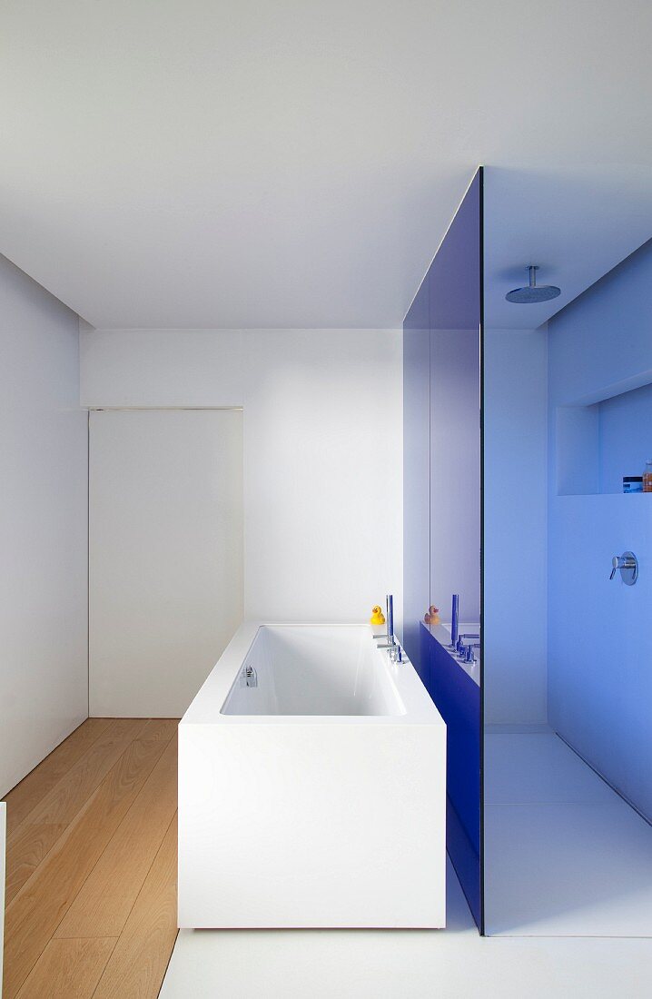 Blaue Glastrennscheibe zwischen freistehender Badewanne und Duschbereich im Designerbad