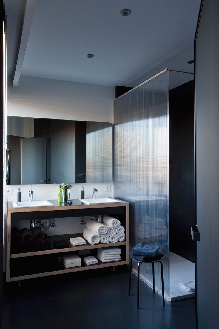 Designer washstand with integrated twin sinks in open-fronted base unit next to glazed shower area