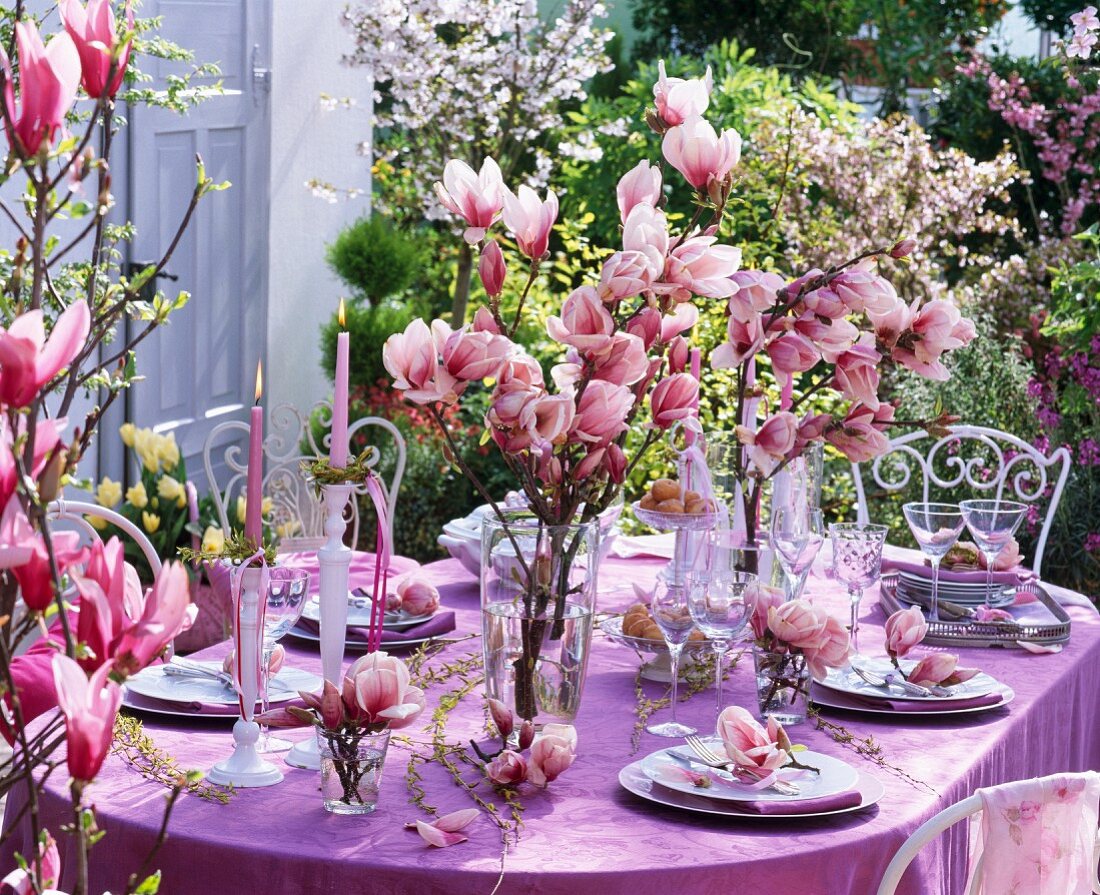 Festlich gedeckter Tisch mit rosa Magnolien und Weidenzweigen