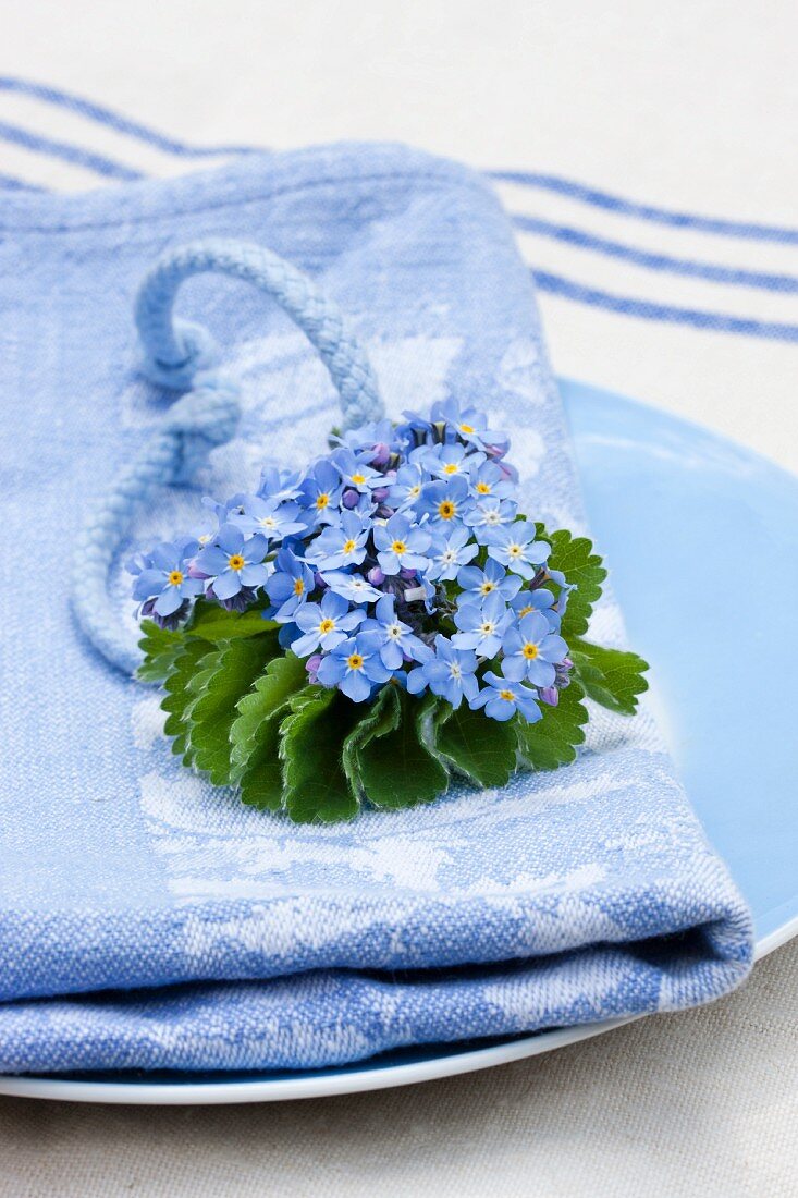 Napkin arrangement: forget-me-nots and lady's mantle leaf tied with blue cord on blue linen napkin