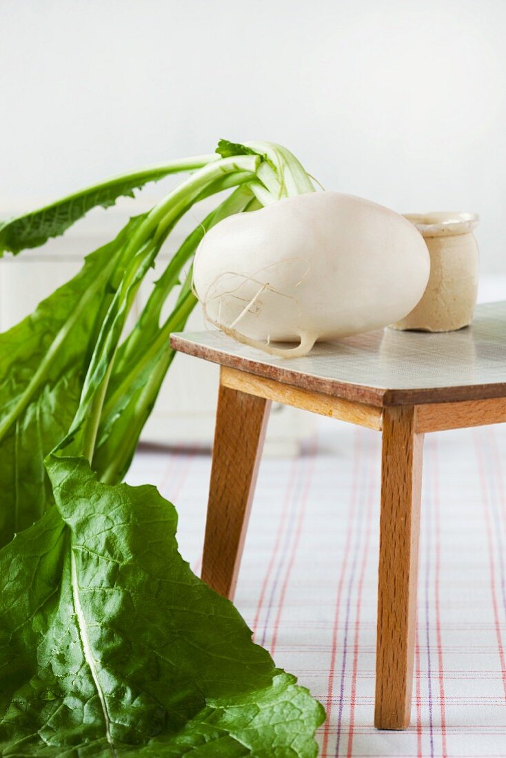 Small white radish with leaves on dolls' house table