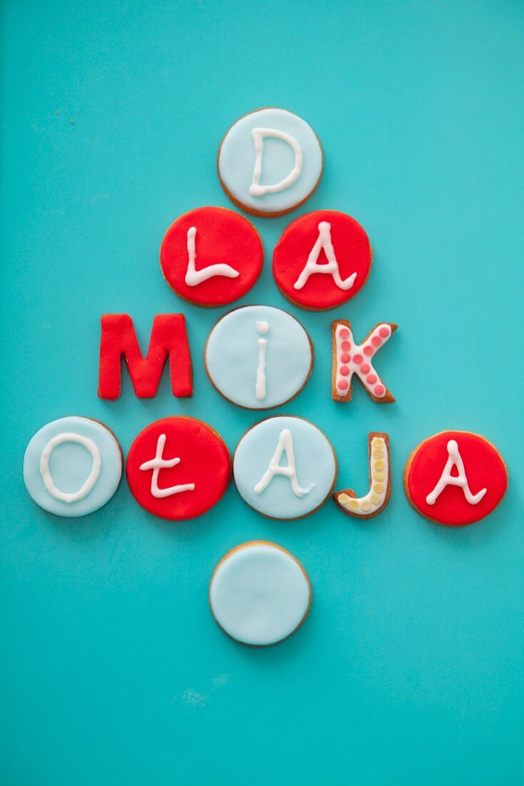 Marzipan-topped biscuits decorated with letters spelling 'Dla Mikotaja' ('for St. Nicholas', Poland)