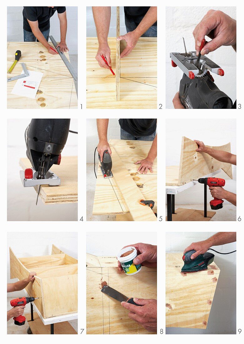 Herstellung eines Holzregals in verschiedenen Arbeitsschritten gezeigt