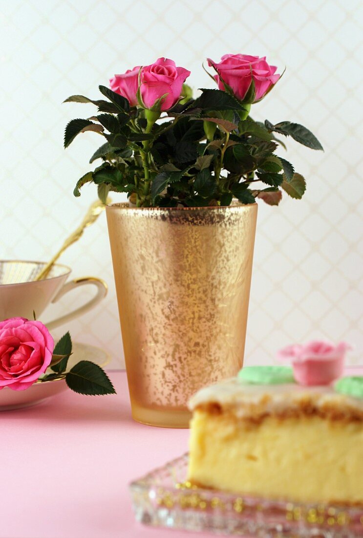 Pink potted rose on table set for afternoon tea