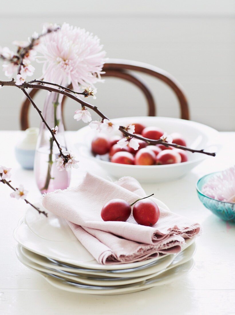 Tamarillos and pink linen napkins on stacked plates; flowering branch in foreground