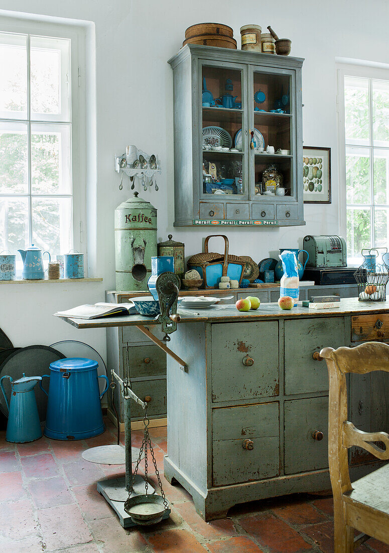 Still life of a rustic kitchen with old crockery cupboard