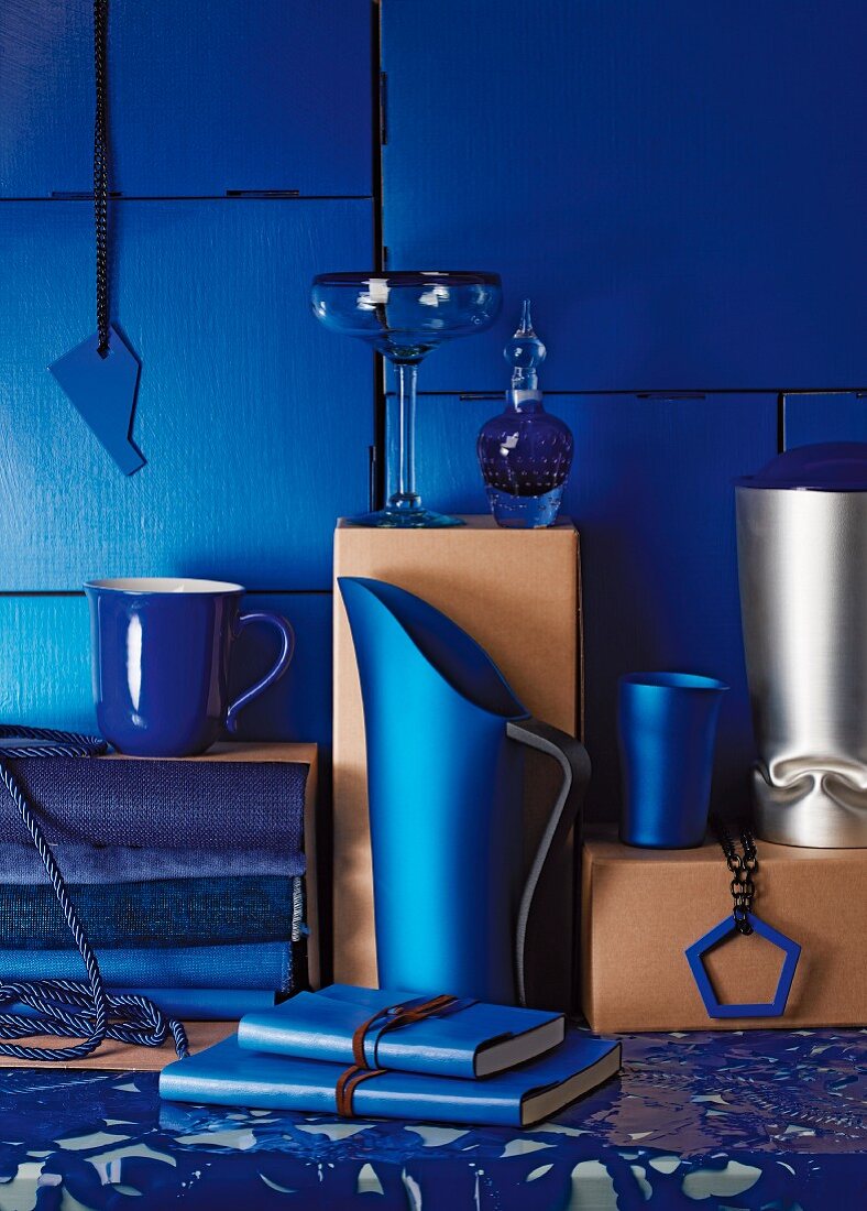 Arrangement of blue interior accessories