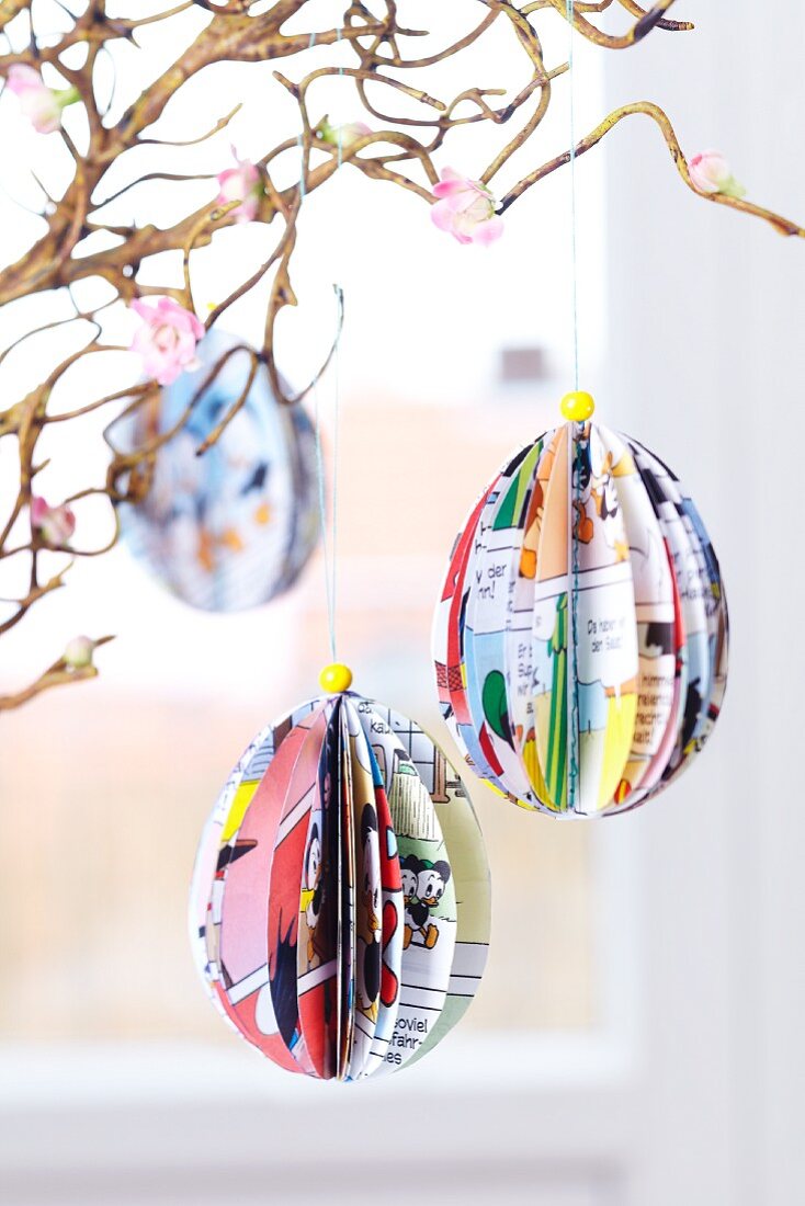 Easter eggs hand-crafted from comic pages