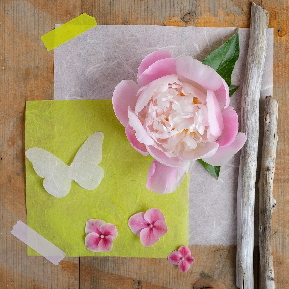 Pfingstrose, Papierblätter, Papierschmetterling, rosa Blüten und Äste