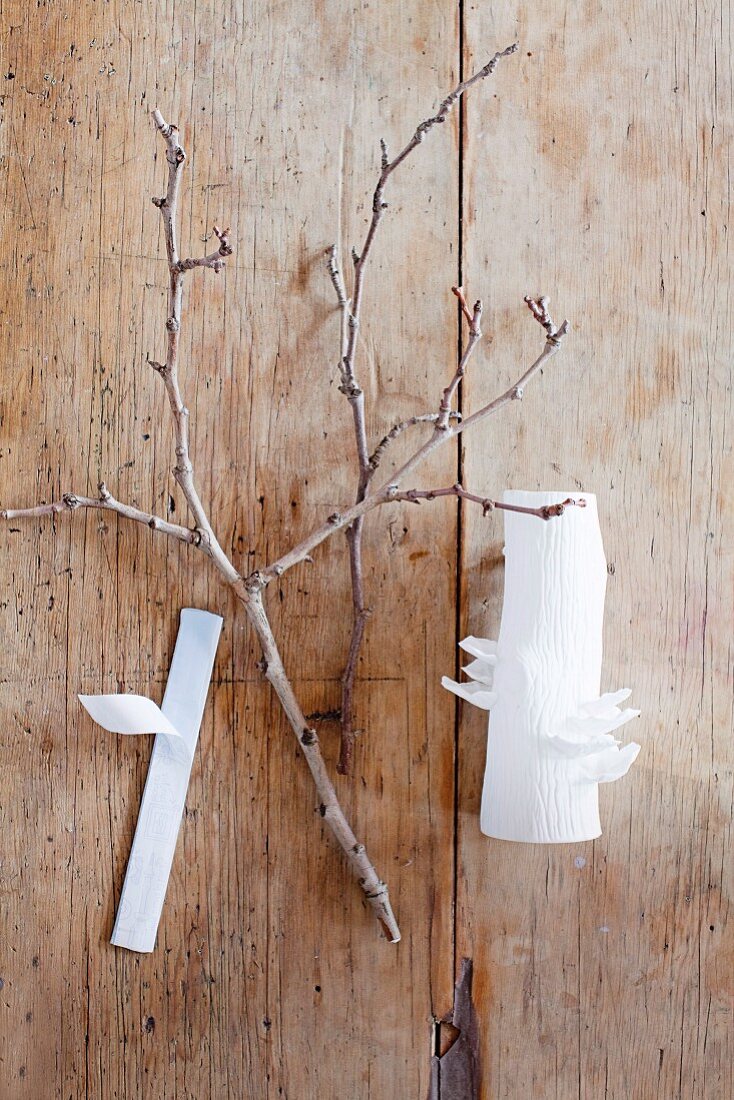 Twig and white vase on wooden surface