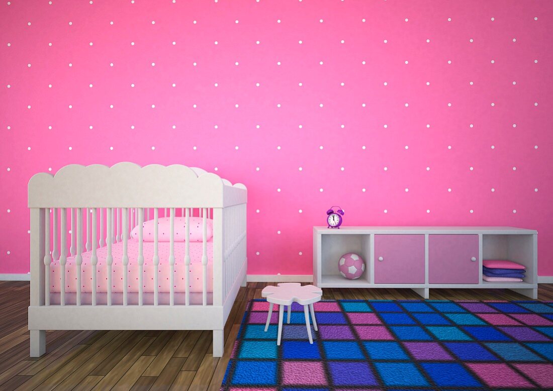Kinderzimmer mit pinkfarbener gepunkteter Wand, kariertem Teppich und weißem Bett