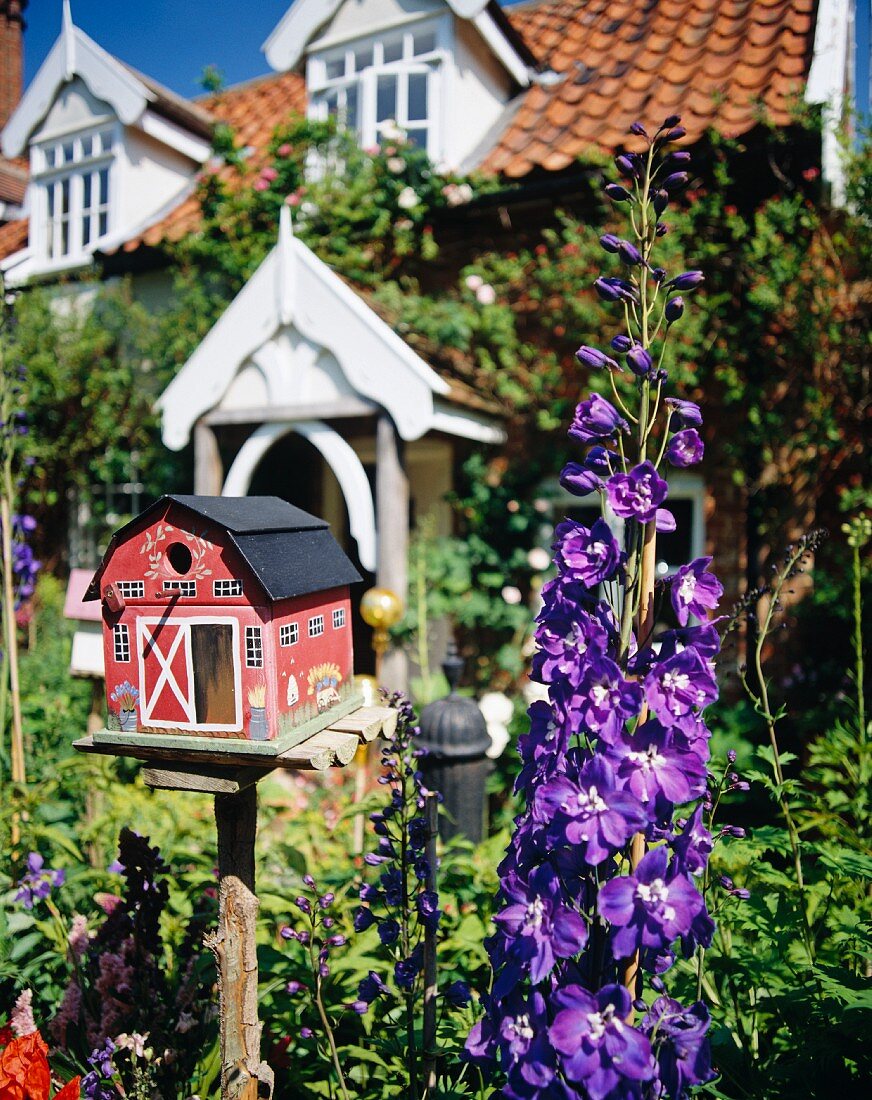 Bunt bemaltes Vogelhäuschen neben lila Rittersporn vor englischem Landhaus