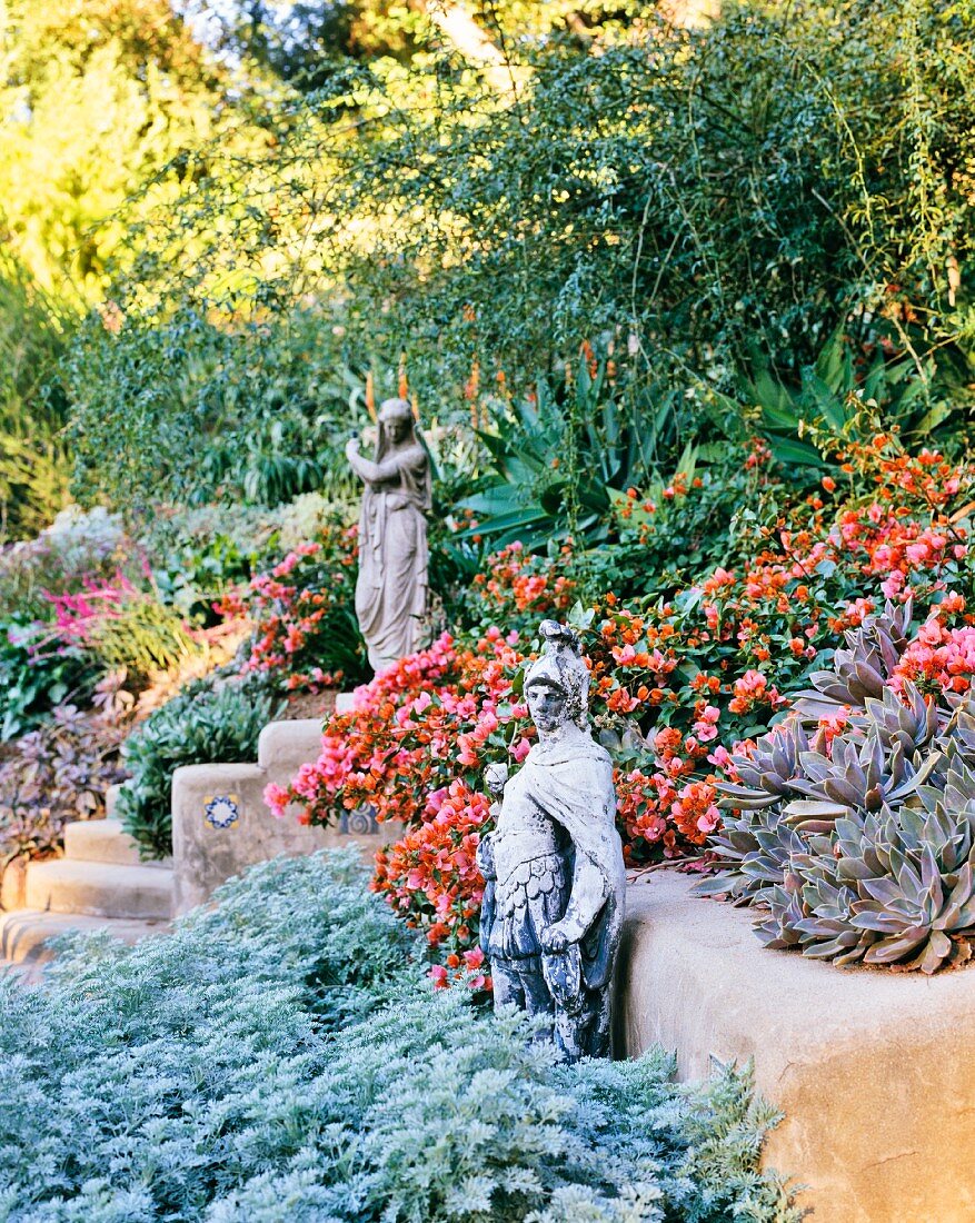 Flowering desert garden with sculpture in Los Angeles