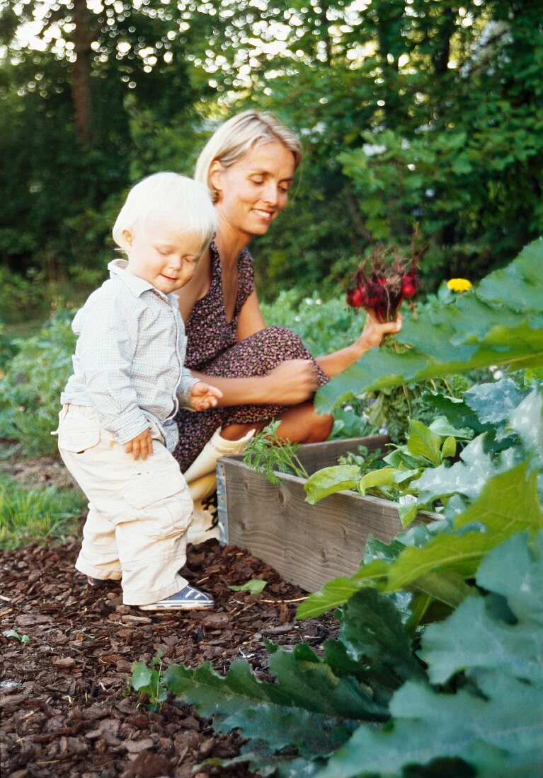 Mother and child next to raised vegetable bed in garden