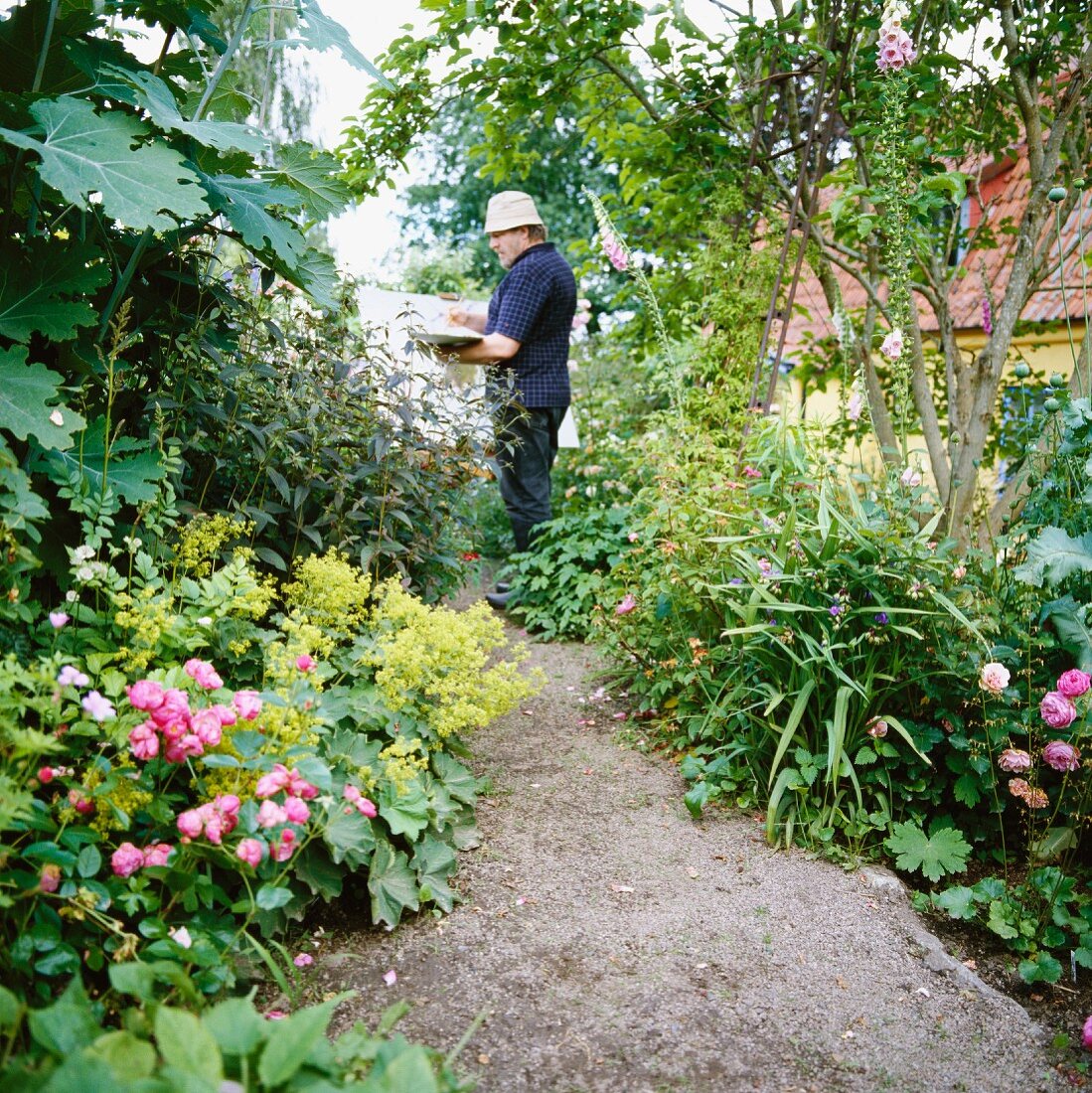Mann beim Malen auf einem Kiesweg in blühendem Garten