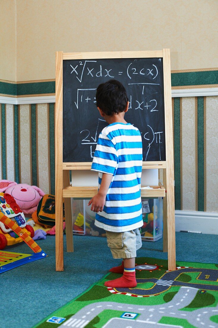 Boy standing beside blackboard with algebra