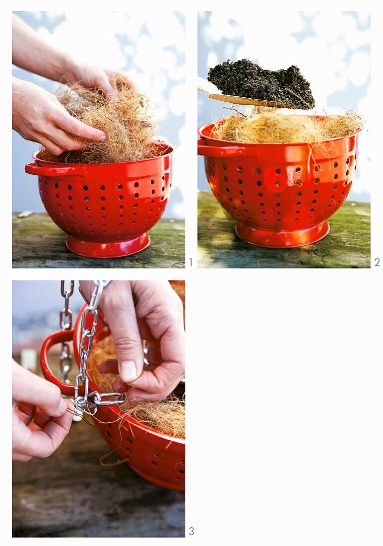Making a hanging basket out of a colander