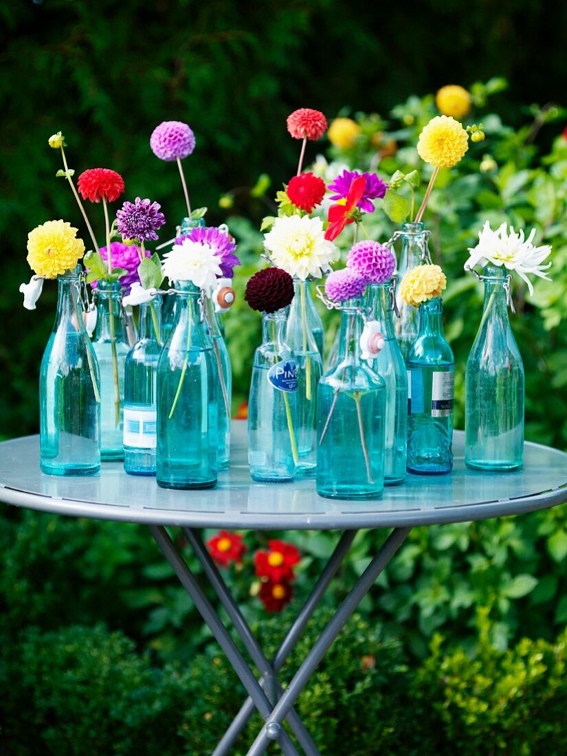 Verschiedene Gartenblumen in blauen Flaschen